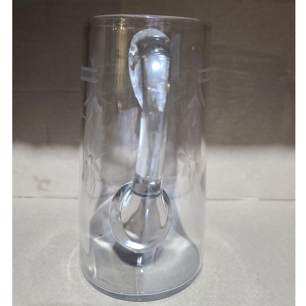 Hand-Blown Clear Crystal Water Pitcher Etched Flowers‎ & Leaves Applied Handle - Picture 8 of 10